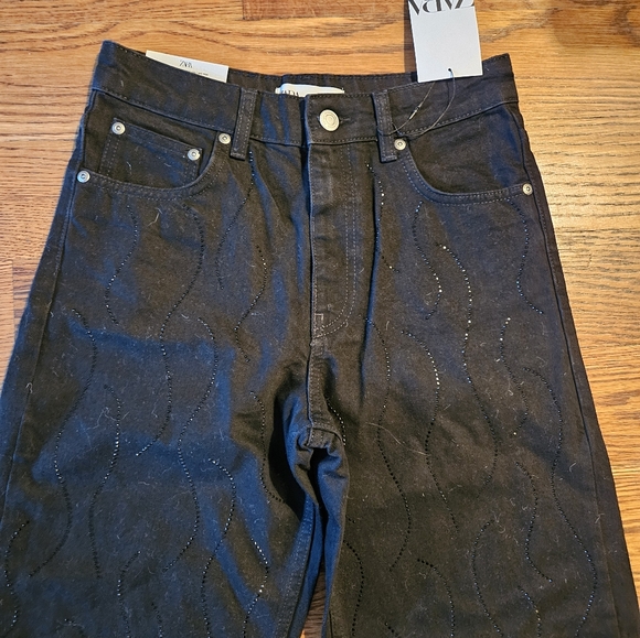 NWT Zara Rhinestone Black Jean Pants Embroidered- size 4 - Picture 10 of 13